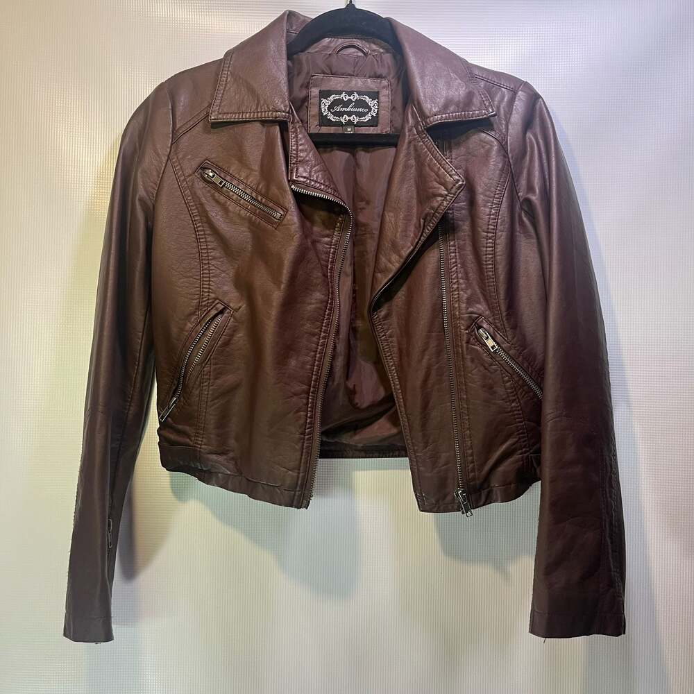 Ambiance Women's Brown Faux Leather Biker Jacket